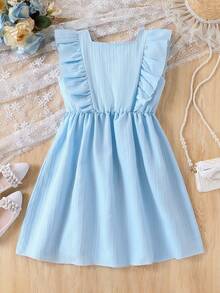 女童蓝色荷叶边方领梭织连衣裙 - 藍色 - 查看 2