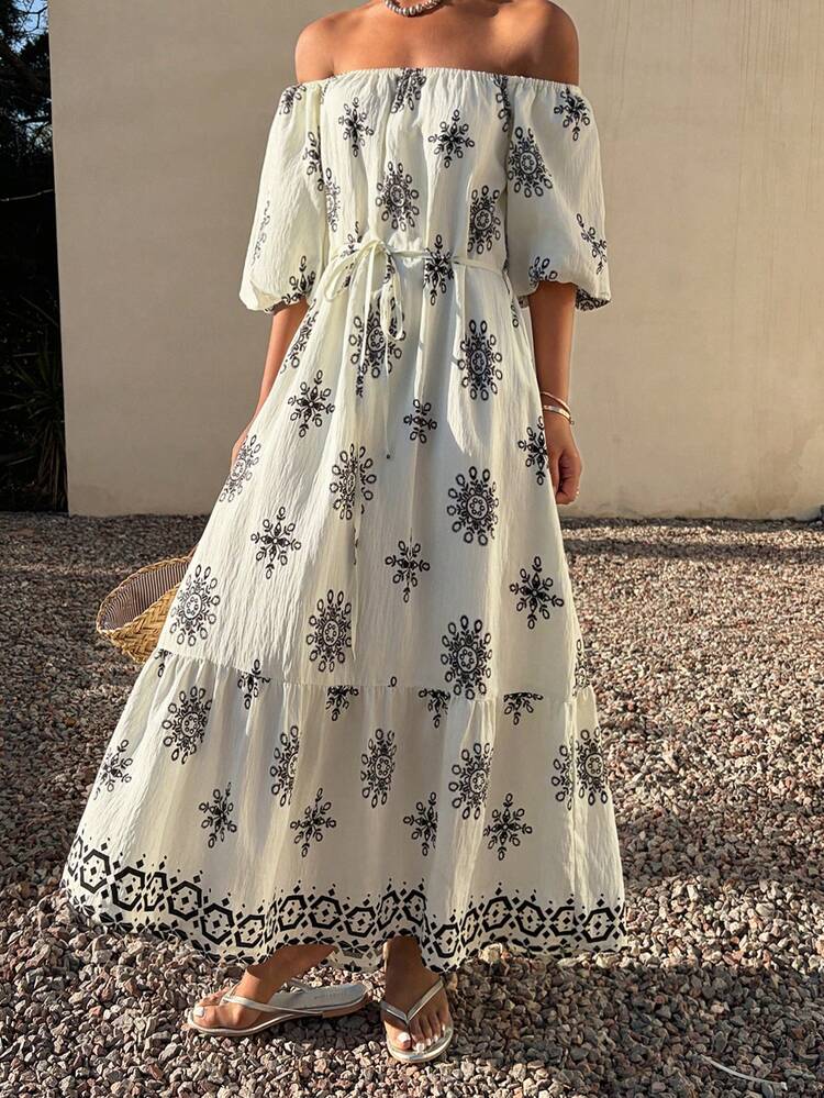 Women's Elegant Floral Print Waist Belt Midi Dress, Summer,Wedding Guest Dress Women Sundress Off The Shoulder Boho