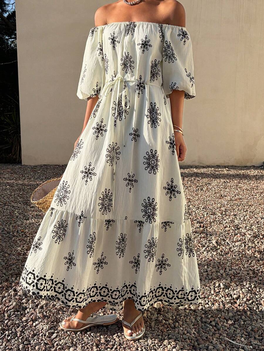 DAZY Rochie midi elegantă pentru femei, cu imprimeu floral, cu curea în talie, de vară, rochie de nuntă pentru invitați, rochie de vară pentru femei, rochie de vară cu umăr dezgolit - Caisă - Vizualizare 1