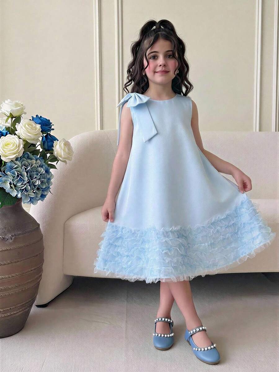 女童荷叶边下摆A字连衣裙，带蝴蝶结系带，无袖，适合派对和优雅休闲场合 - 淺藍色 - 查看 1