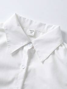 SHEIN Conjunto de 3 piezas para niña preadolescente que incluye blusa de manga acampanada con cuello, chaleco tipo cárdigan y pantalones - Gris - Ver 4