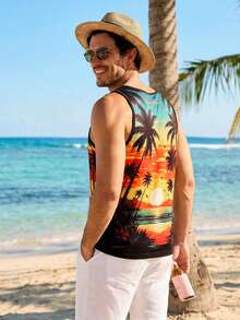 VIVINTIMO Men Tropical Print Tank Top For Summer, Men Tank Tops Beach, Graphic Tees Men Sleeveless, Beach Tank Tops Men - Black - View 2