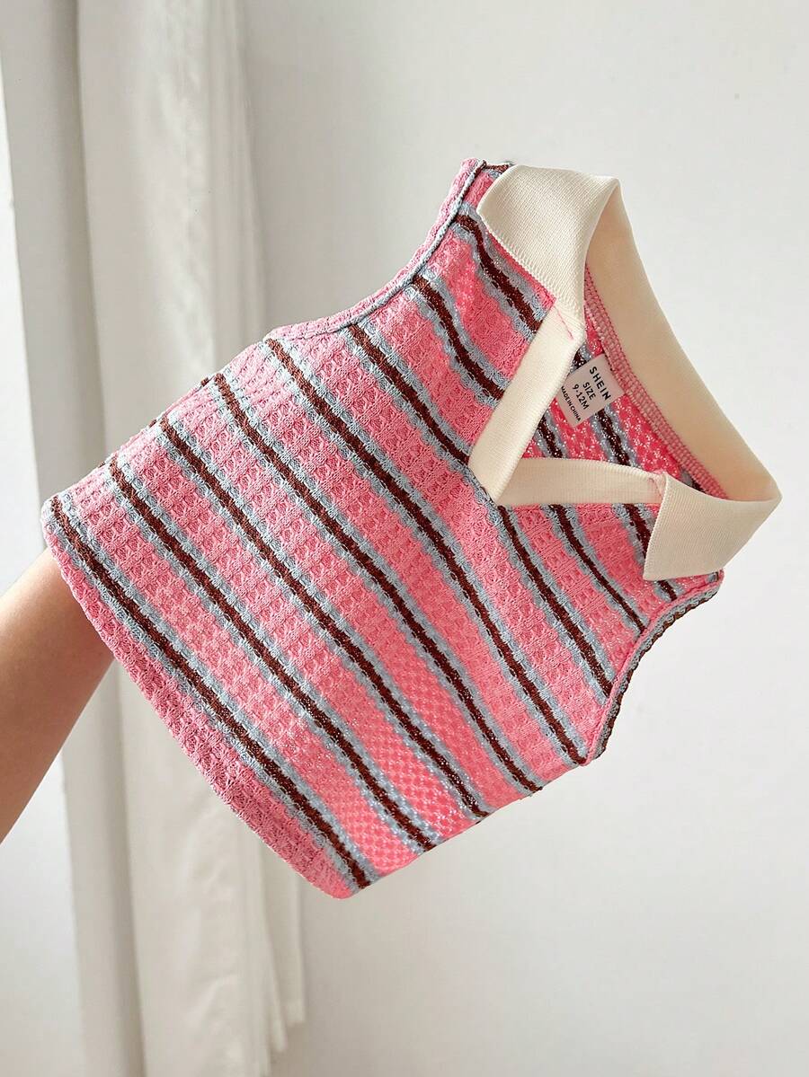 SHEIN Babygirl Cute Summer Versatile Striped Sleeveless Polo Shirt - Pink - View 1
