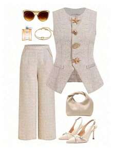 Ellevyn 时尚通勤星形贝壳扣无袖上衣和裤子套装 - 杏色 - 查看 1