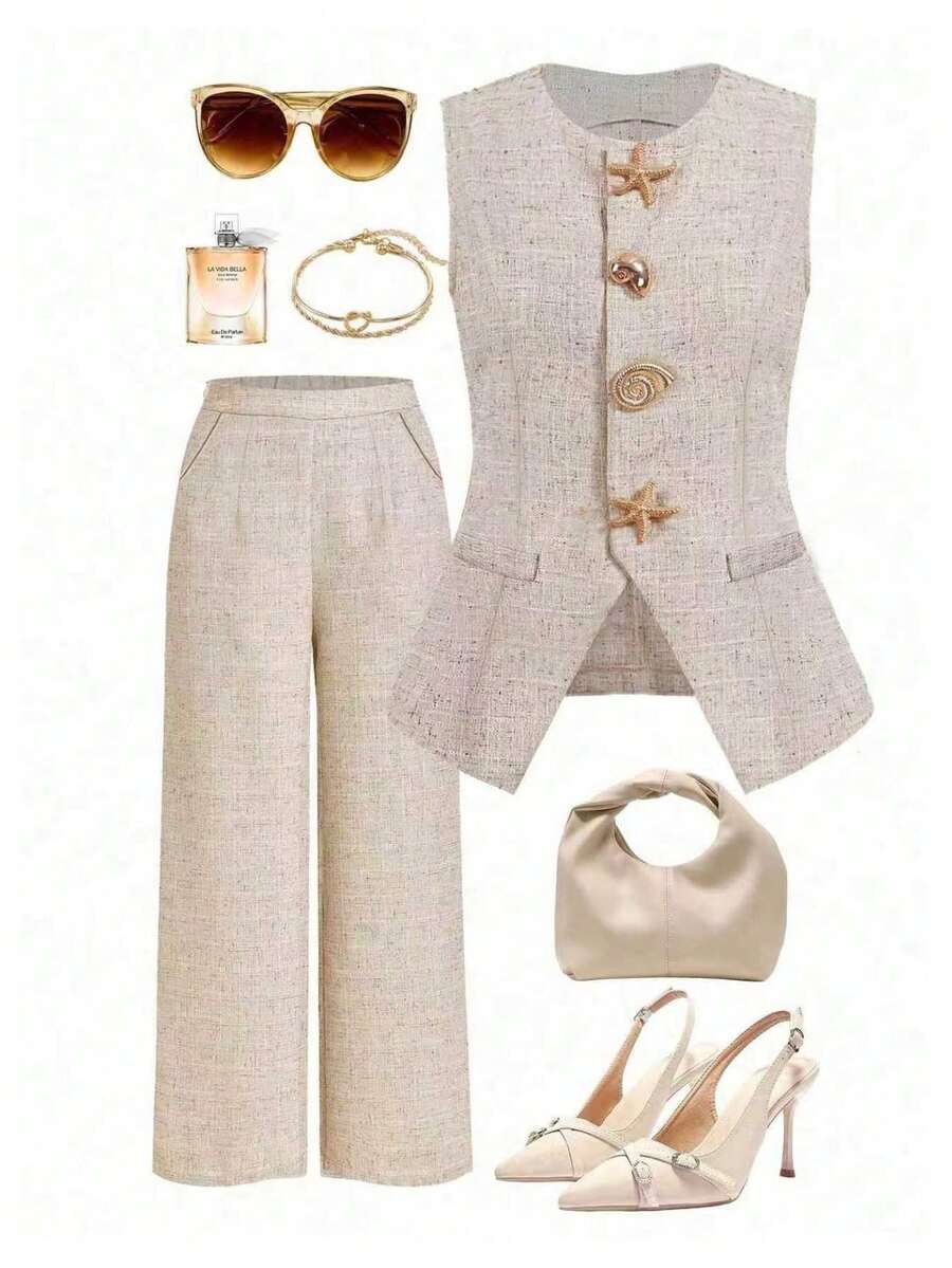 Ellevyn 时尚通勤星形贝壳扣无袖上衣和裤子套装 - 杏色 - 查看 1