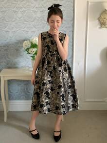 Dazy Kids Tween Girl Round Neck Jacquard Pleated Party Dress - Black - View 3