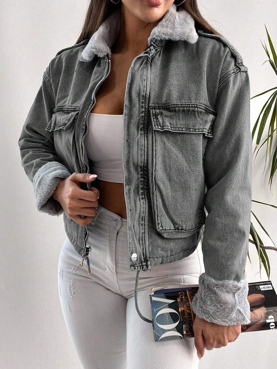 EURMUSE 100%Cotton Fuzzy Collar Flap Pocket Drop Shoulder Denim Jacket - Grey - View 1