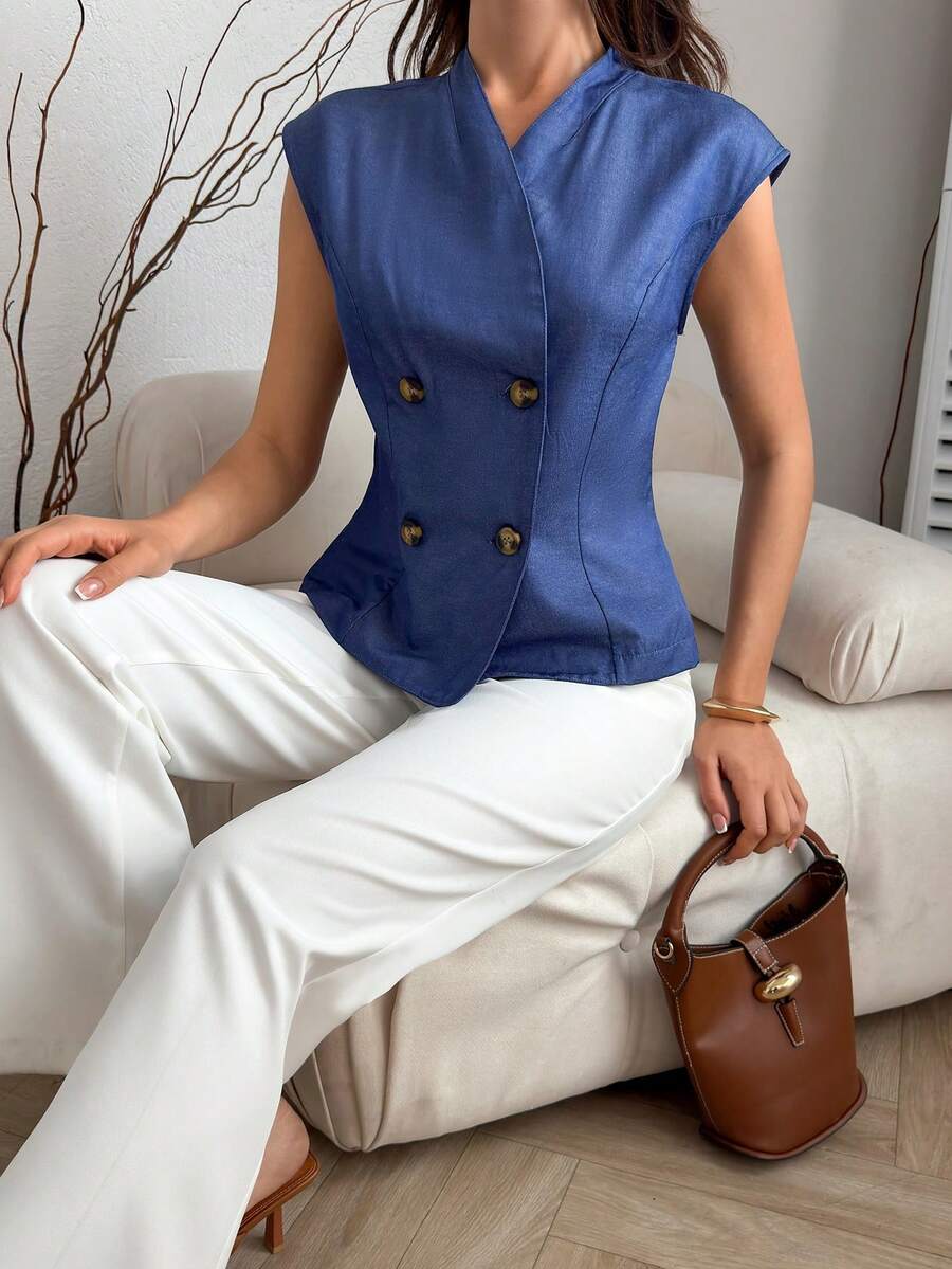 SHEIN Women Lightweight Denim Look Fashion Vest - Blue - View 1