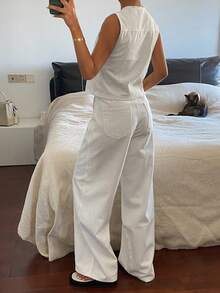 DAZY Women's V-Neck Sleeveless Open Front Fitted Denim Vest And Loose Straight Leg Jeans Casual Suit - White - View 5