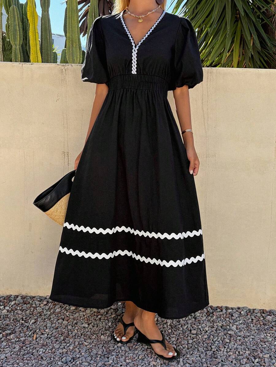 DAZY Đầm dài tay ngắn cổ chữ V phối màu tương phản thanh lịch dành cho nữ, thích hợp cho mùa hè. - màu đen - Xem 1