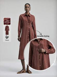 Ontre 2026春夏新款女士梭织连衣裙，条纹设计，深咖啡色长袖衬衫裙，适合情人节、婚礼季、度假派对、独立日、都市时尚、通勤简约风等场合。 - 咖啡棕 - 查看 4