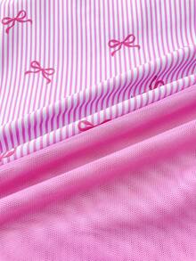 SHEIN Teen Girl Striped Bow Print Camisole Romper With Mini Skirt, Suitable For Swimming, Vacation, Summer Beach Wear - Pink - View 7