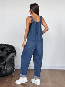 SHEIN PETITE 女士爆款Y2K牛仔背带裤，夏季休闲宽松牛仔连体裤，蓝色水洗背带裤，带口袋，完美打造海滩和街头穿搭，休闲通勤牛仔背带连体裤 - 深色水洗藍 - 查看 3