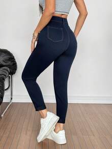 SHEIN PETITE Women's Casual Everyday Pockets Button Denim Jeans - Dark Wash - View 4