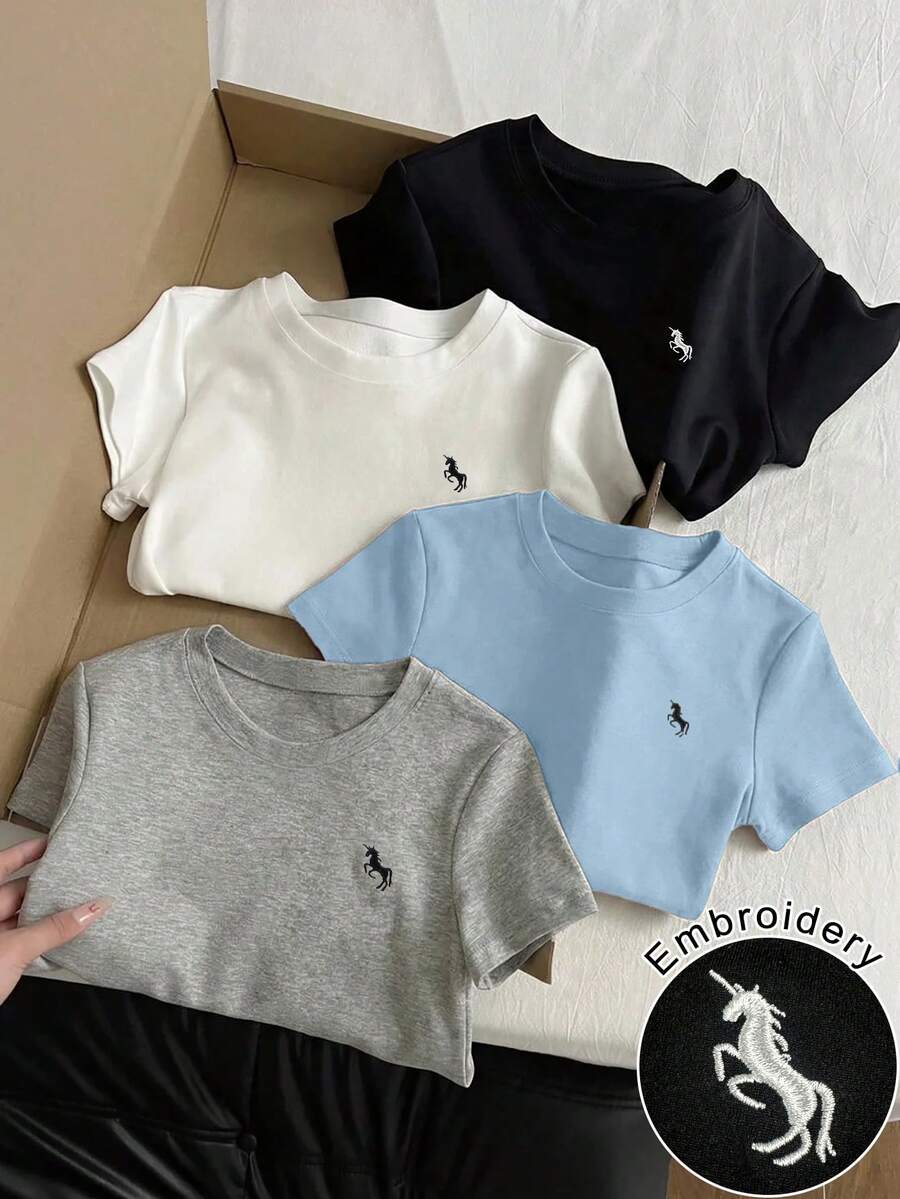 GlowEve 4件套女士纯色刺绣圆领短袖修身露脐T恤，适合日常穿着 - 彩色 - 查看 1