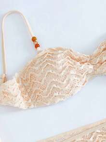 SHEIN Swim Vcay Women's New Summer Vacation Beach Spaghetti Strap Special Fabric Bikini 3 Pieces Set - Apricot - View 8