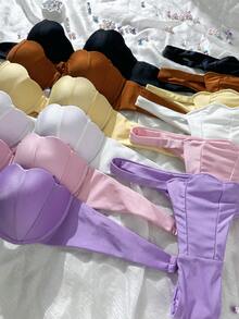 Swim Mod 两件套花瓣拼接硬杯可拆卸肩带纯色性感比基尼套装，黑色配黑色罩杯 - 黑色 - 查看 5