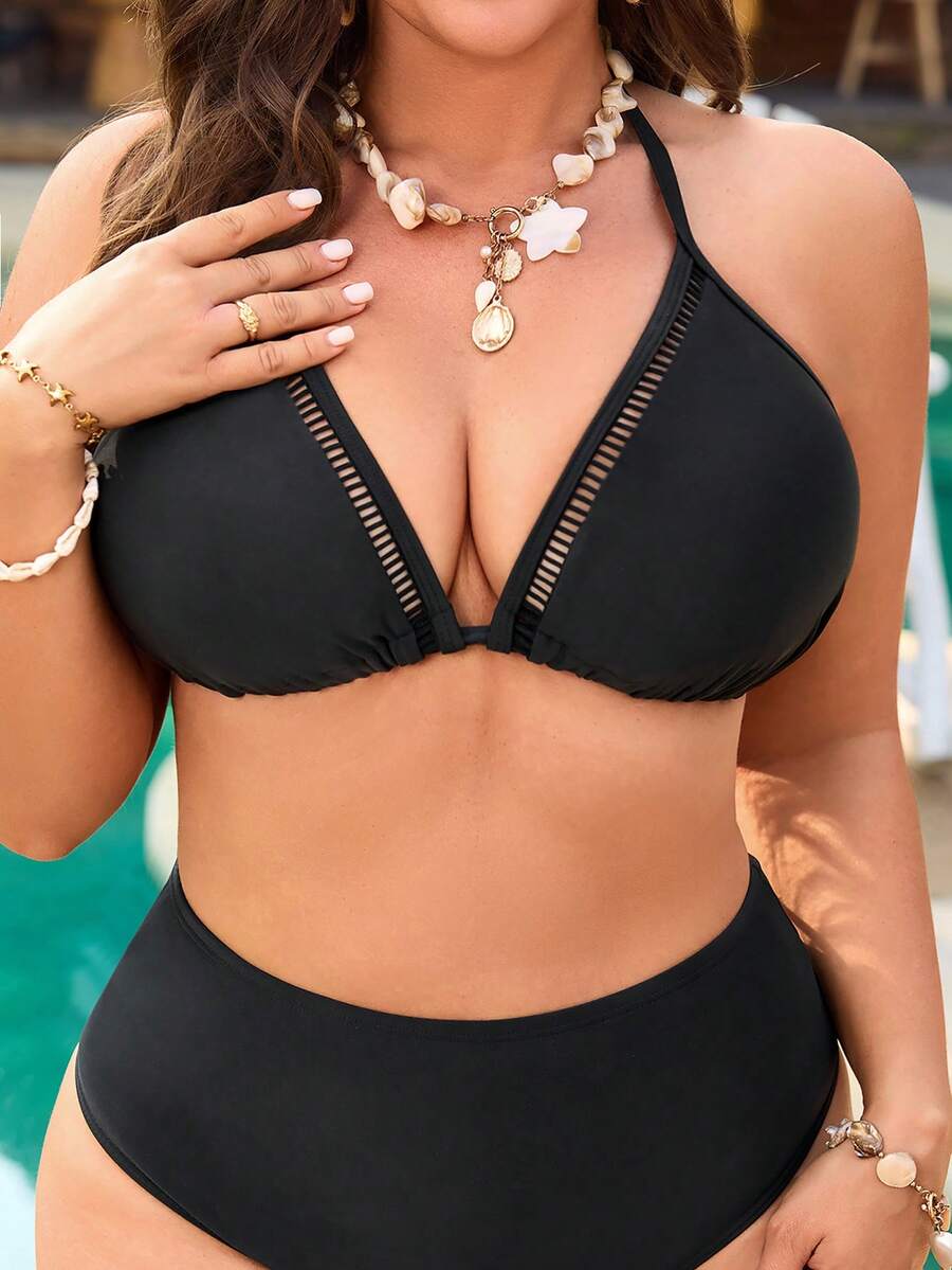 Swim Vcay 2026新款加大码女式黑色深V镂空吊带泳衣上装，沙滩度假 - 黑色 - 查看 1