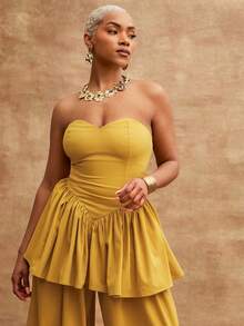 Twill Sweetheart Neck Drop Waist Ruffle Peplum Hem Strapless Top - Yellow - View 1