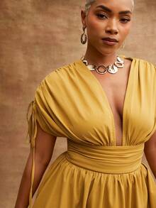 Vixey Drawstring Sleeve Gathered Waist Woven Maxi Vacation Dress - Yellow - View 2