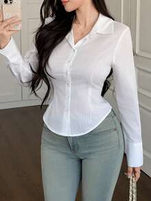 DAZY Camisa casual de oficina de manga larga y ajustada de un solo pecho para mujer - Blanco - Ver 3