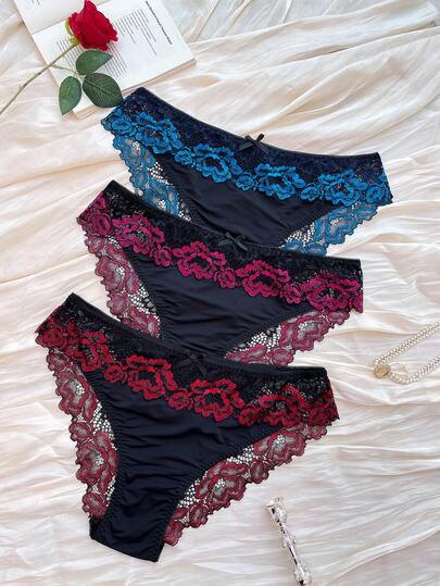 3pcs/Pack Plus Size Women Lace Patchwork Underwear Set