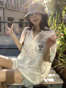 DAZY 女款復古鏤空蕾絲飾邊度假風短袖上衣 夏季校園風 - 白色 - 查看 3