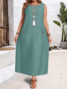 EMERY ROSE Vestido sin mangas de unicolor talla grande, casual para vacaciones - Agua verde azul - Ver 3