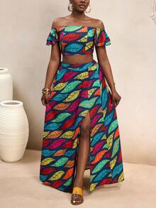 VaVaBold Women's Casual Blue Leaf Print Off-Shoulder Cropped Top And High Slit Skirt 2-Piece Set,Boho Beach Summer Holiday Outfit,Summer Dresses For Women - Multicolor - View 1