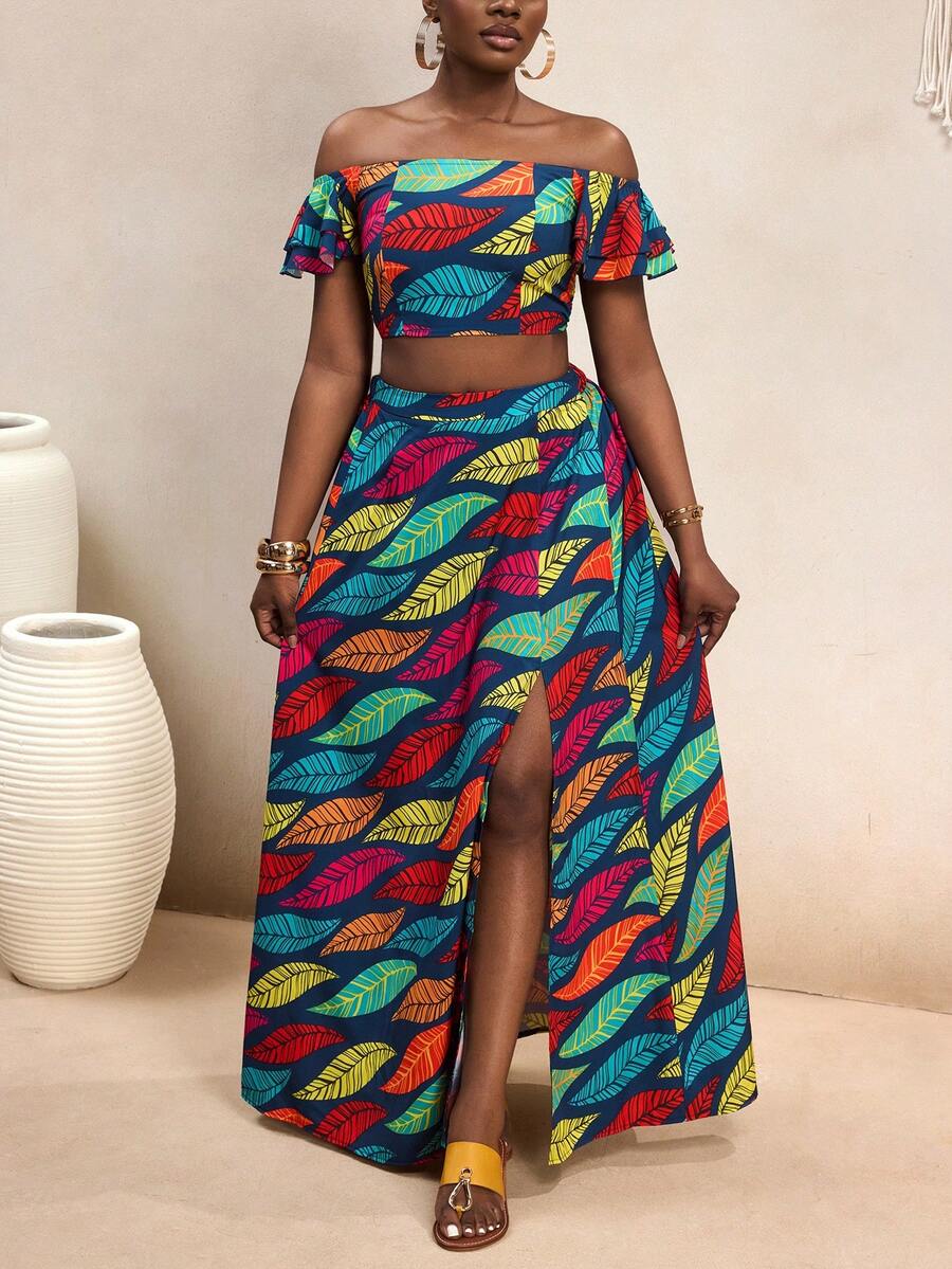VaVaBold Women's Casual Blue Leaf Print Off-Shoulder Cropped Top And High Slit Skirt 2-Piece Set,Boho Beach Summer Holiday Outfit,Summer Dresses For Women - Multicolor - View 1