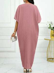 SHEIN Lady 女士纯色V领蝙蝠袖开衩下摆宽松连衣裙，秋冬款 - 藕粉色 - 查看 2