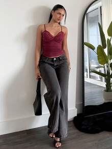 LHSEPT 优雅纯色对比蕾丝褶饰 Y2k 吊带背心 - 酒紅色 - 查看 1