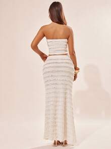 Radiana Romantic Cream-White Ruffled Texture Vacation 2-Piece Set, Includes Bandeau Top And Long Skirt, Suitable For Beach, Holiday, Date, Party, Club, Cocktail, Concert - Apricot - View 2