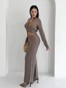 Shopreo Cárdigan y pantalones cómodos y sencillos con botones - Marrón - Ver 4