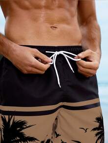 Manfinity Swimmode Men's Palm Tree Print Drawstring Waist Beach Shorts - Coffee Brown - View 3