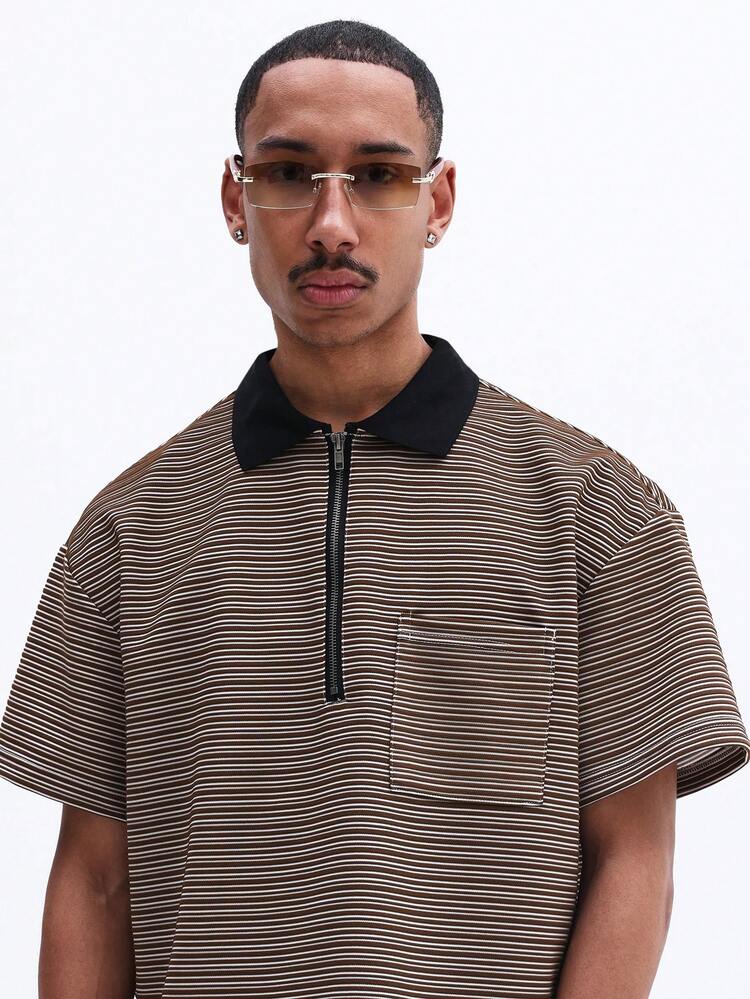 Striped Polo Shirt With Zip Collar