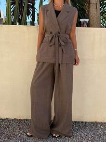 Livesso Women's Casual Striped Belted Vest And Wide Leg Pants Suit, Spring/Summer - Brown - View 5
