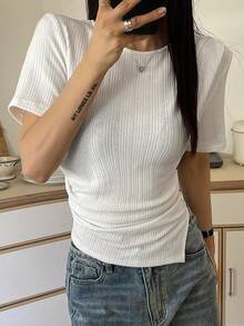 FRIFUL Women's Round Neck Ribbed Bodycon Short Sleeve Split Hem T-Shirt, Summer - Black - View 8