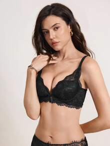 日式蕾丝加垫聚拢文胸，带可调节肩带，适合小胸围，AB 罩杯 - 黑色 - 查看 5