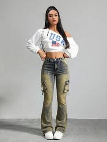 SHEIN Tall 女士性感低腰紧身弹力喇叭裤蓝色牛仔裤高个女裤Y2K牛仔裤女士紧身裤 - 深色水洗藍 - 查看 4