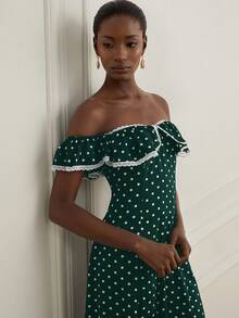 Aveloria EMERY ROSE 法式复古黑白波点荷叶边撞色蕾丝下摆喇叭裙，可调节肩带，浪漫优雅女装 - 墨綠色 - 查看 3