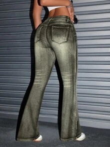 SHEIN EZwear 大码女式弹力水洗喇叭牛仔裤，优雅牛仔裤 - 黑色 - 查看 2