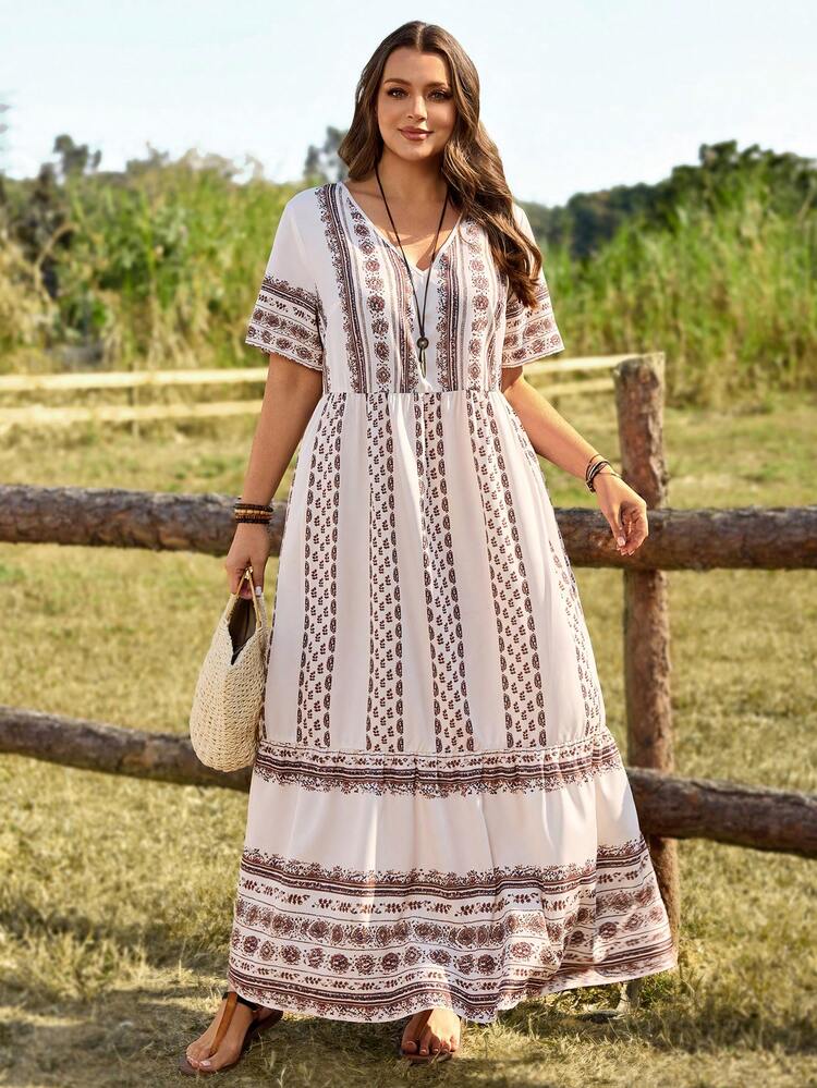 Plus Size Women's Summer Casual Vacation Country Floral Print Long Dress, Casual Holiday Style,Summer Outfits For Women ,Vacation Outfits Women ,Holiday Outfits For Women,Going Out Outfits,2026 New Clothes,Simple And Fashionable For Everyday Wear,Suitable For Summer, Vacation, Daily Wear, Festival Outfits For Women,Country Concert Outfit,Beach Outfits For Women,Western Style,Flowy Dress