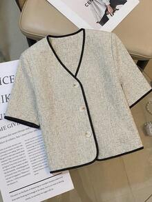 SHEIN LUNE 女士休闲西装外套，单排扣设计，短袖 - 杏色 - 查看 1