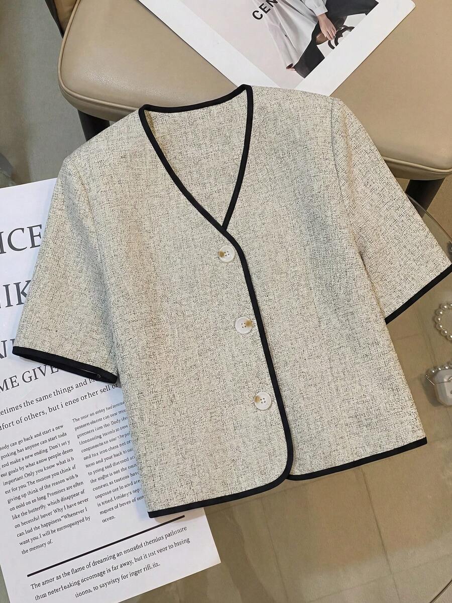 SHEIN LUNE 女士休闲西装外套，单排扣设计，短袖 - 杏色 - 查看 1