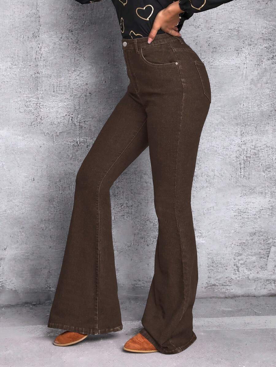SHEIN Tall Quần jeans ống loe nữ có túi và cúc, kiểu dáng thường ngày, đa năng. - màu nâu - Xem 1