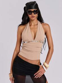 ROMWE Y2K Áo tank top không tay cổ yếm ôm sát người, mặt dây chuyền hình vỏ sò, thích hợp cho kỳ nghỉ xuân/hè của nữ. - Màu Khaki - Xem 6