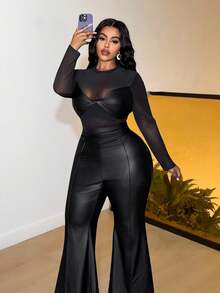 Slaydiva 春夏秋冬新款优雅通勤、休闲外出、聚会、约会、晚宴、万圣节、情人节修身纯色黑色网纱透视弹力针织面料黑色PU扭结胸部装饰加大码连体裤 - 黑色 - 黑色 - 查看 12