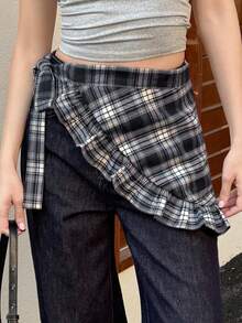 DAZY 女士格子裹身系带短款荷叶边休闲迷你裙 - 彩色 - 查看 5