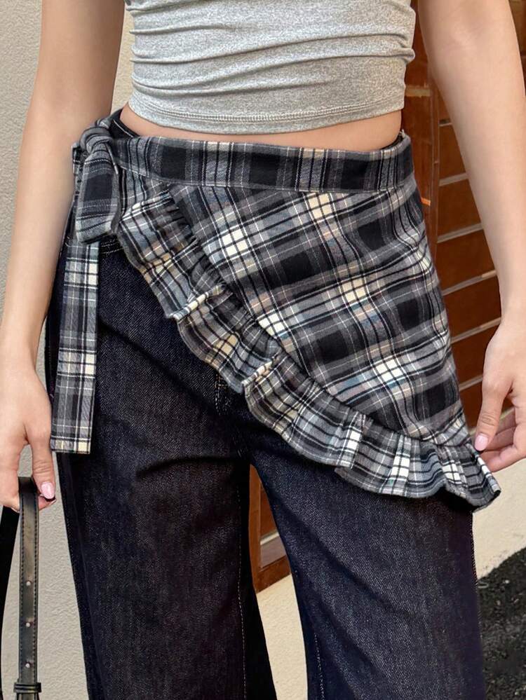 Women's Plaid Wrap-Style Tie-Up Short Frill Trim Casual Mini Skirt